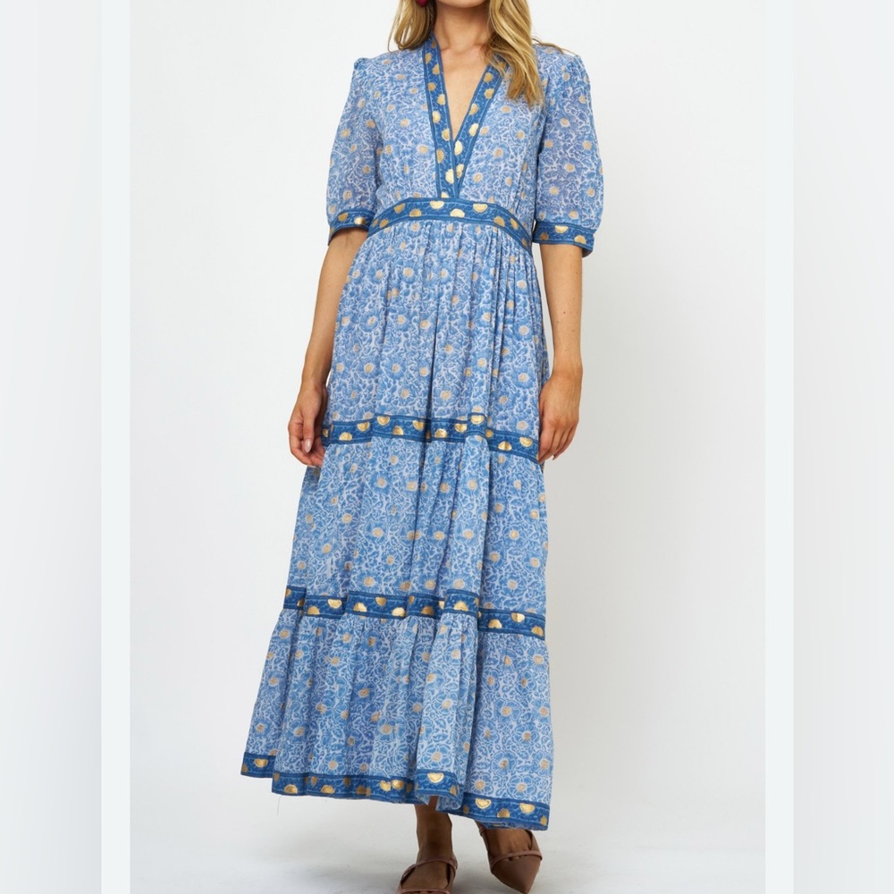 Oliphant Blue and Gold Smocked Maxi Dress with Puff Sleeves